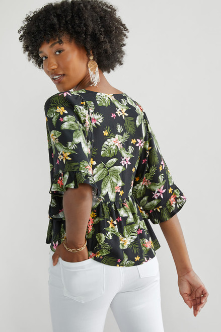 Sophiee Ruffle Sleeve Tie Front Palm Printed Blouse