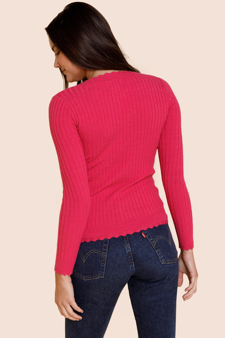 Emma Scalloped Ribbed Knit Top in Magenta