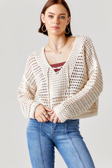 Elianna Crochet Lace Up Sweater - francesca's