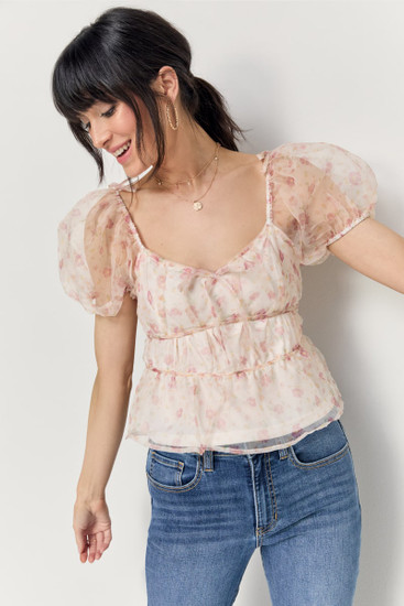 トップス Organza Print Puff Sleeve Shirt Lisa Organza Puff Sleeve Blouse