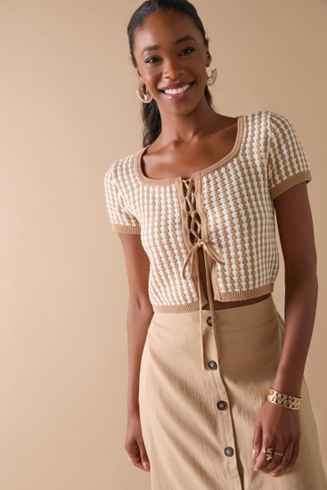 【期間限定お試し価格】 Layla Rib Top Sweater Cropped Front Tie Pattern トップス