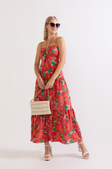 knee length dresses for ladies Happy Clothing One-Shoulder Mesh Maxi Dress with Floral in Red main image 1