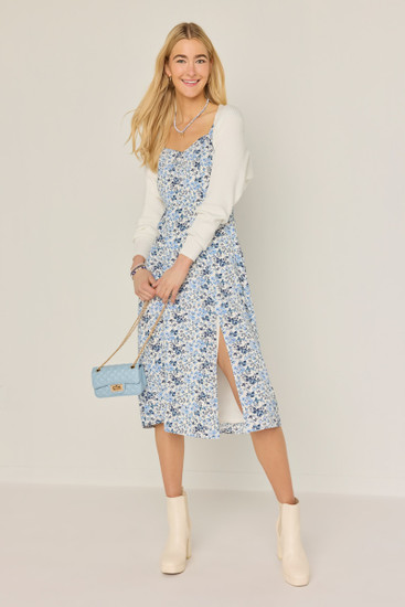 knee length dresses for ladies Baltic Born Womens Piper Eyelet Midi Dress | Off White + Blue Floral