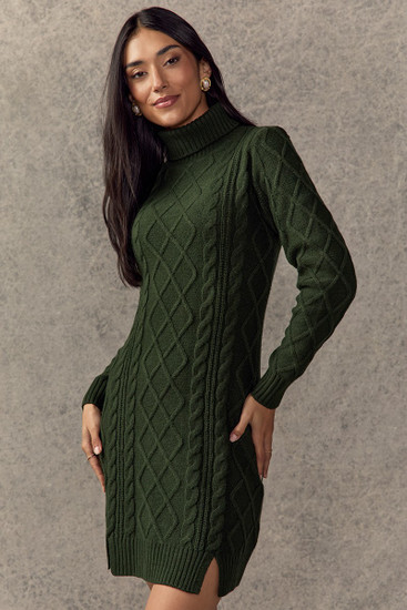 green sweater dress near me Ribbed Turtle Neck Long Sleeve Mini Sweater Dress Green / M