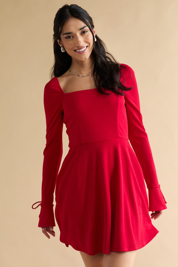 strapless open back dress SSYS The Everly Scallop Trim Puff Sleeve Shift Dress In Red Plaid main image 1