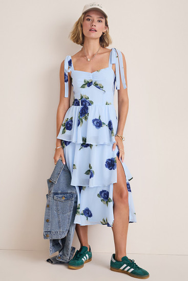 blue floral tiered midi dress Floral Tiered Midi Dresses
