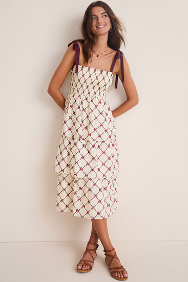 Angie Bow-Print Smocked Tiered Midi Dress