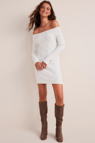 white off the shoulder sweater dress Everleigh SEROYA It can be worn as a sweater dress with knee high boots for a casual fall look Womens Kawaii Coquette Aesthetic Off