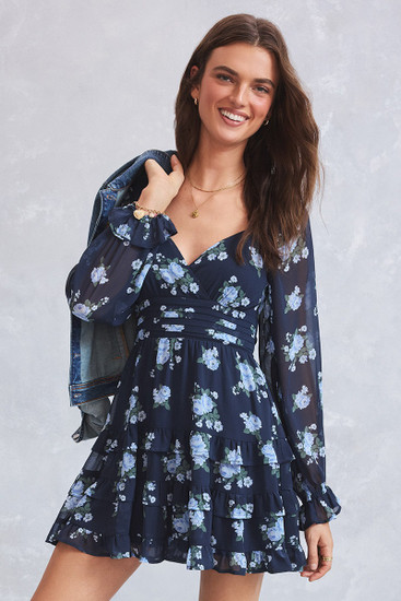 francesca's blue floral dress Francesca Full Sleeve Dress- Sale Noir Nottinghill Floral / L