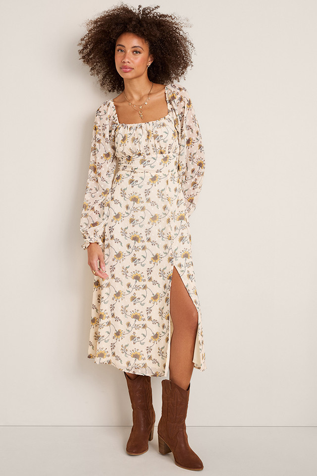 Francesca - Long dress with floral print and off-the-shoulder sleeves main image 0