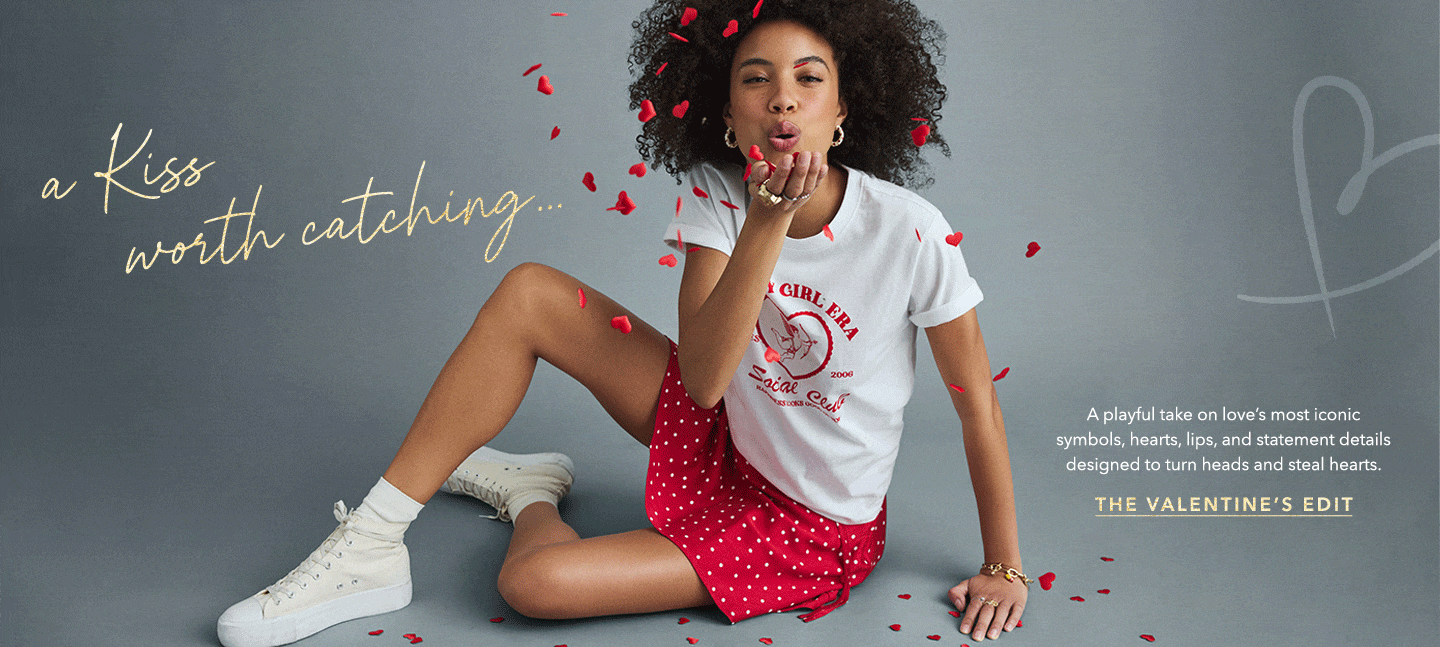 A Kiss worth catching. A playful take on love's most iconic symbols designed to turn heads and steal hearts. Shop our Valentine's Day looks by clicking here.