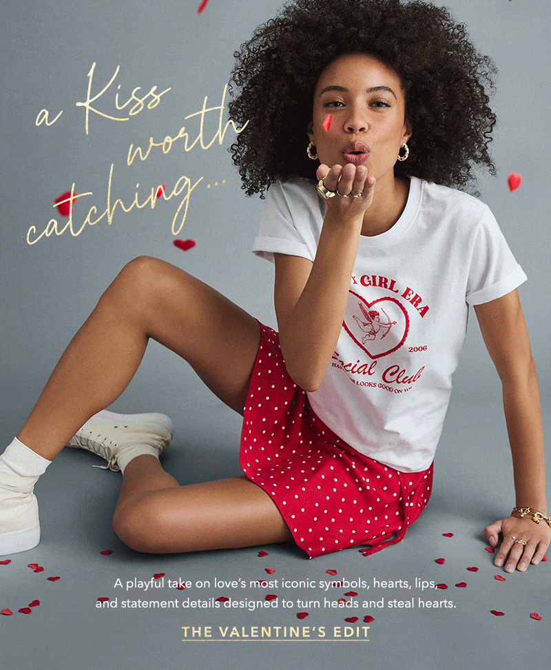 A Kiss worth catching. A playful take on love's most iconic symbols designed to turn heads and steal hearts. Shop our Valentine's Day looks by clicking here.