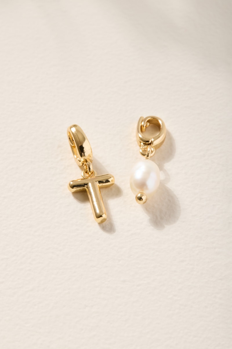 Initial and Fresh Water Pearl Charm Set Gold
