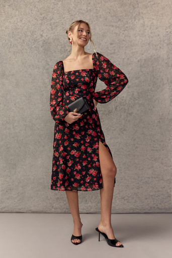 open edit flocked floral long sleeve dress DEN Charleston Maxi Dress