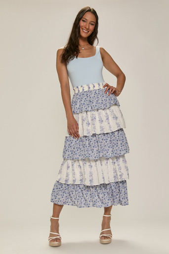 Eleanor Mixed Print Tiered Maxi Skirt