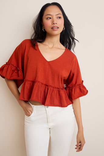 Elaine Ruffled White Dolman Tee