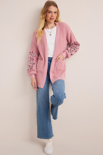 Oscar de la Renta Camellia Threadwork Cardigan in Pink/Navy, Size Medium