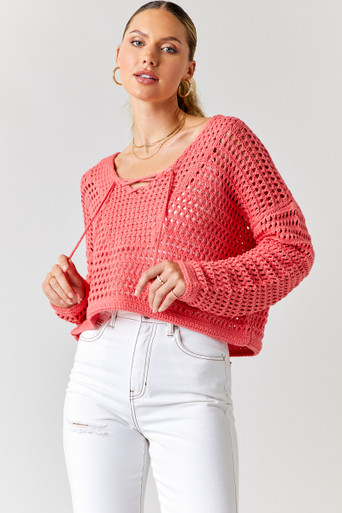 Elianna Crochet Lace Up Sweater - francesca's