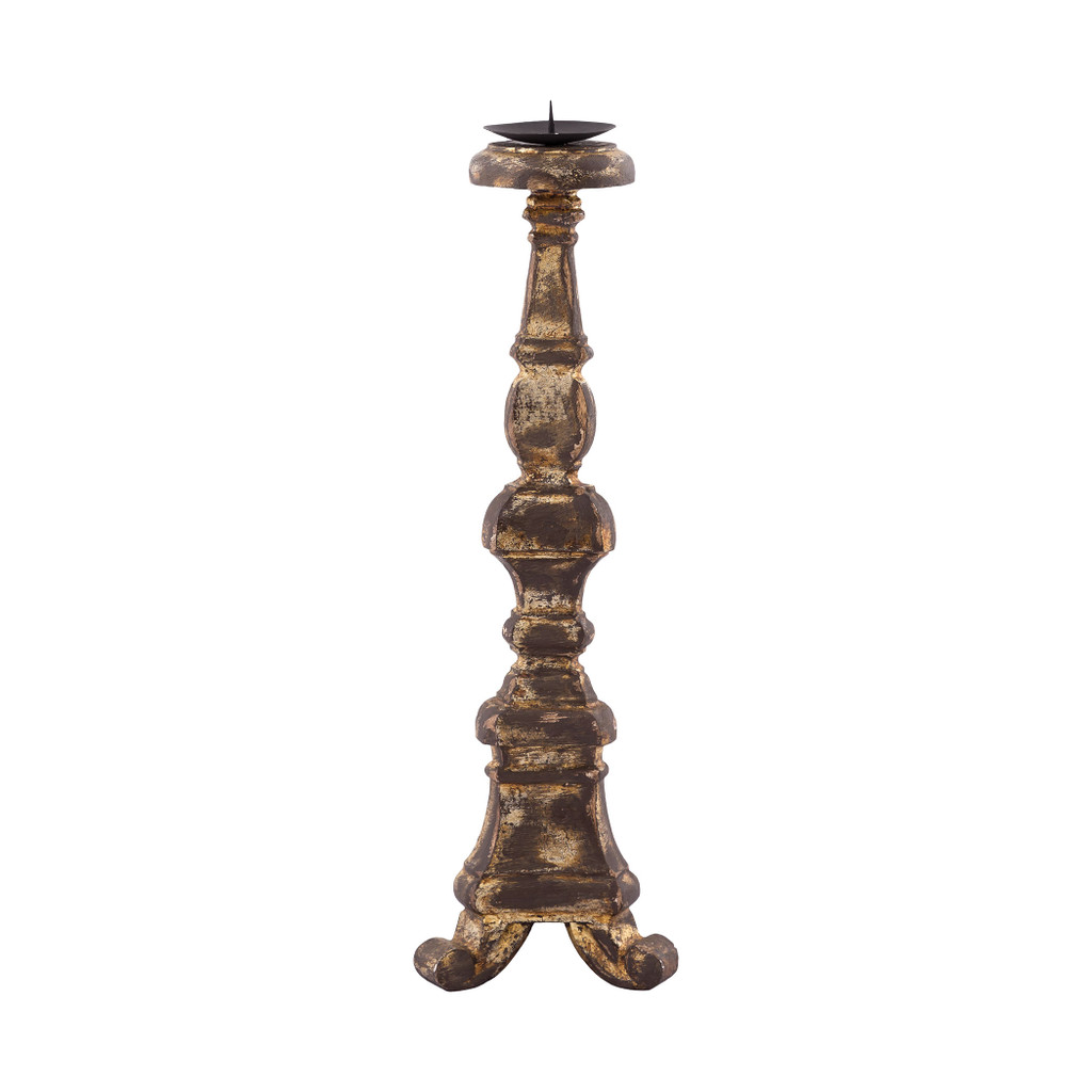 Mango Wood Carved Candlestick with Antique Gold Leaf Finish