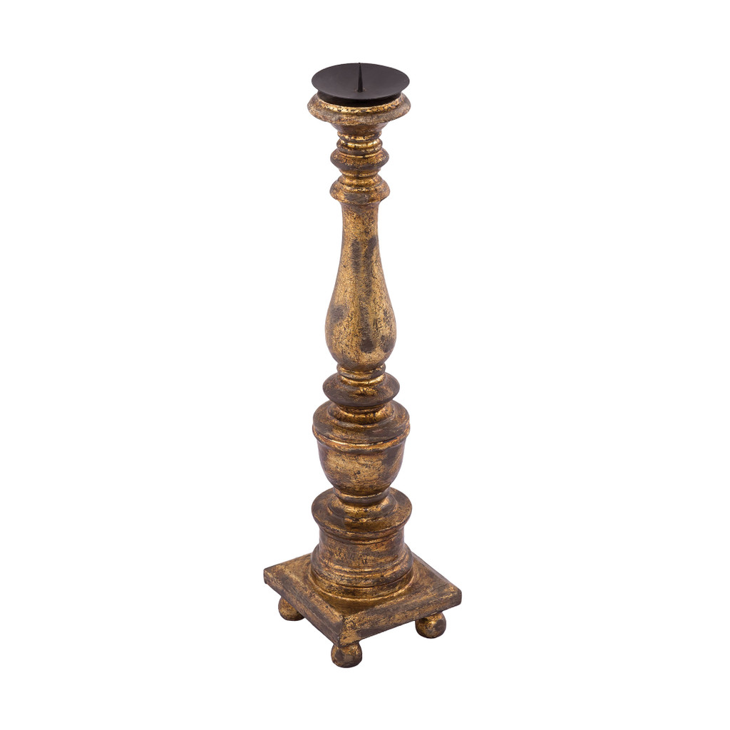 Mango Wood Carved Candlestick with Antique Gold Leaf Finish