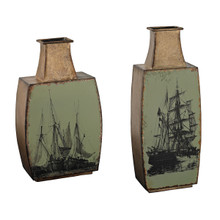 SET OF 2 METAL VASES WITH SHIP PRINT