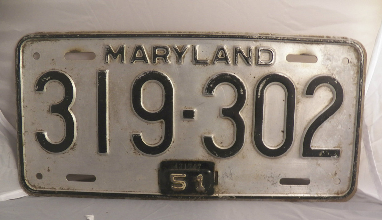 1951  Maryland License Plate (silver)  319-302 with metal year tag (Single)