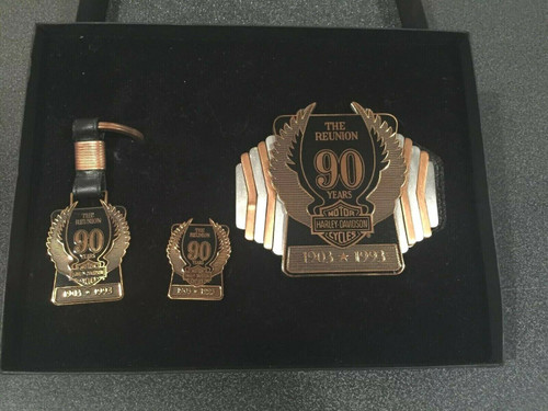 Rare Harley Davidson 90th Anniversary Belt Buckle key Fob & Pin set 99210-93Z