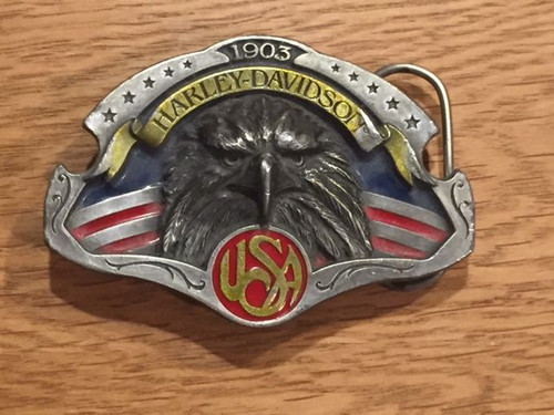 Harley-Davidson 1903 USA  eagle  belt buckle  made in 1996 shop the garage, cool into cash, Bingo's Swap Meet Garage