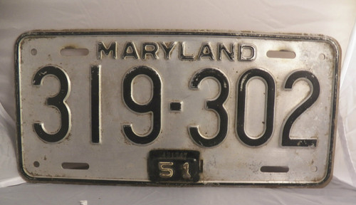 1951  Maryland License Plate (silver)  319-302 with metal year tag (Single)