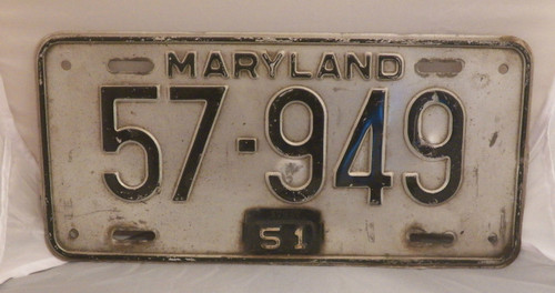 1948 with 1951 tab Maryland License Plate (silver)  57-949 (Single)