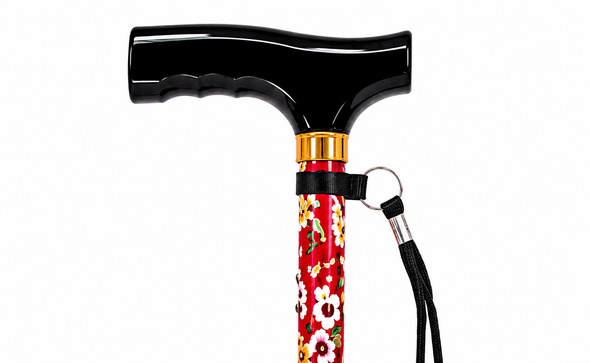 NRS Lightweight Folding Red Floral Walking Stick with Wooden Handle
