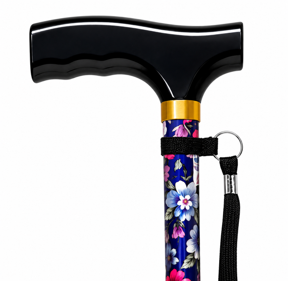 NRS Lightweight Folding Blue Floral Walking Stick with Wooden Handle