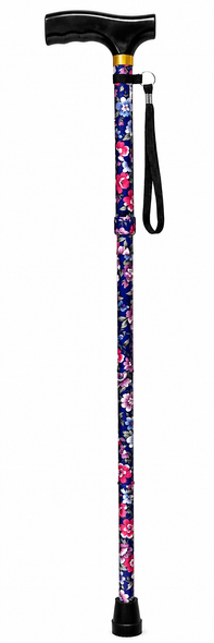 NRS Lightweight Folding Blue Floral Walking Stick with Wooden Handle