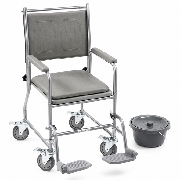Wheeled Commode Fixed Height Removeable Leg Rests & Arm Rests