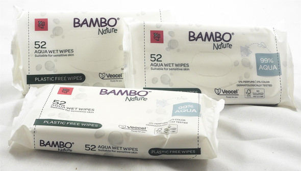 Bambo Nature Aqua Wet Wipes 3 packs (156 Wipes) Plastic Free Dermatologically Tested for Sensitive Skin