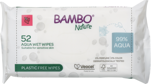 Bambo Nature Aqua Wet Wipes 3 packs (156 Wipes) Plastic Free Dermatologically Tested for Sensitive Skin