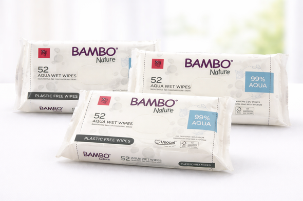 Bambo Nature Aqua Wet Wipes 3 packs (156 Wipes) Plastic Free Dermatologically Tested for Sensitive Skin