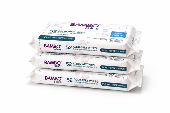 Bambo Nature Aqua Wet Wipes 3 packs (156 Wipes) Plastic Free Dermatologically Tested for Sensitive Skin
