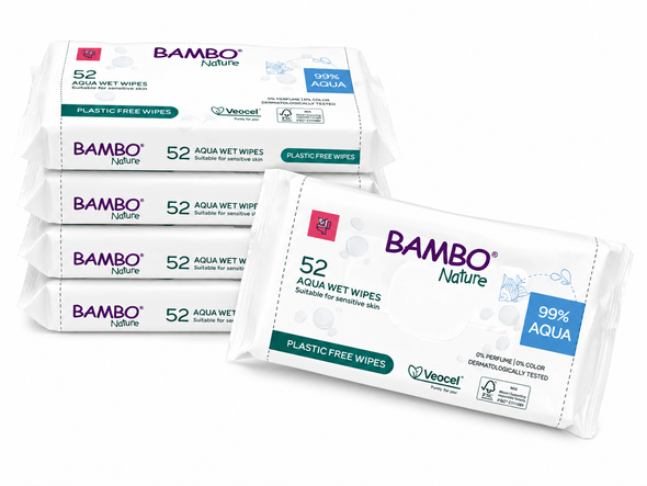 Bambo Nature Aqua Wet Wipes 5 packs (260 Wipes) Plastic Free Dermatologically Tested for Sensitive Skin