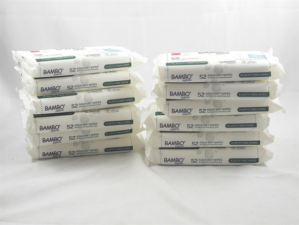 Bambo Nature Aqua Wet Wipes 12 packs (624 Wipes) Plastic Free Dermatologically Tested for Sensitive Skin