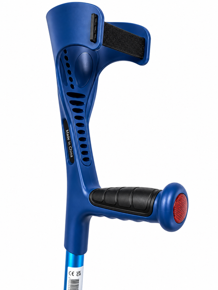Single Blue Forearm Crutch Height Adjustable Lightweight with Strap Open Cuff