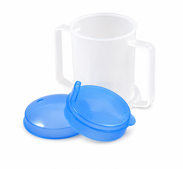 Medisure Two Handled Wide Base Cup Mug with Spouted and Straw Hole Lids 300ml