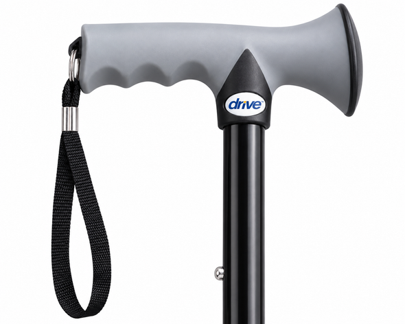 Black Gel Handled Comfort Grip Walking Stick and Strap Comfy Handle