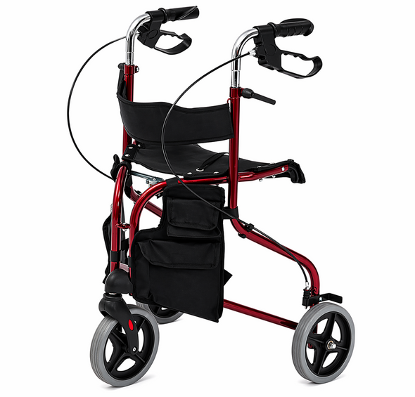 Drive Folding Red Tri Wheel Height Adjustable Handles Walker Rollator with Seat and Storage Pockets