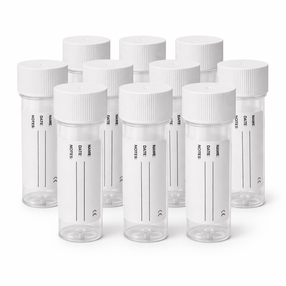 10 x 30ML Clear Urine/Specimen Sample Collection Bottles Universal, White Screw Top, Patient Label