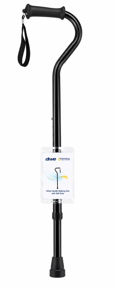 Swan Neck Height Adjustable Black Soft Grip Walking Stick