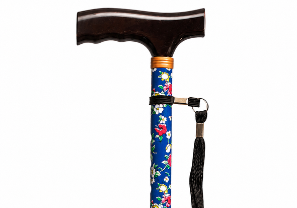 Blue Floral Folding Height Adjustable Walking Stick Cane with Strap