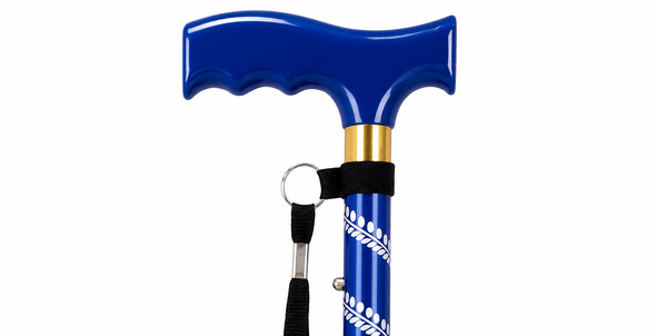 Blue Plastic Handled Height Adjustable Walking Stick with Engraved Pattern