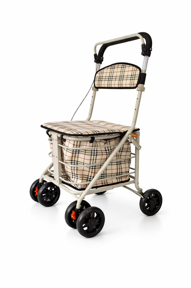 Folding Shopping Trolley/Rollator with Seat & Back Rest in Brown Check