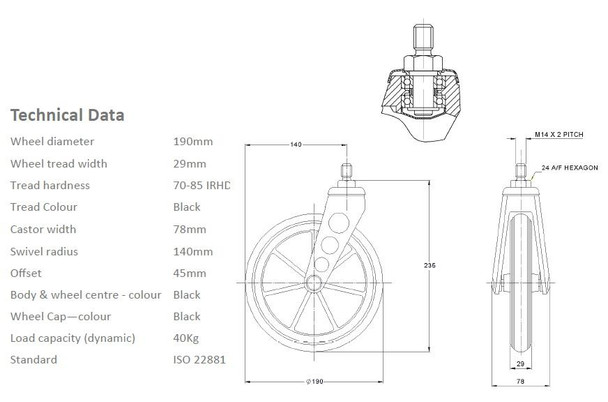 Colson 190x29mm Black Castor Wheel with Fork for many standard NHS Style Wheelchairs